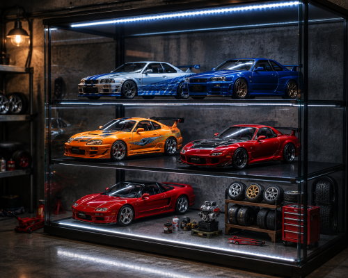 Góc trưng bày mô hình xe hơi JDM trong garage thu nhỏ với hệ thống đèn LED và tủ kính hiện đại.