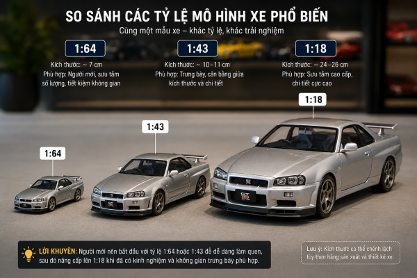 Mô hình xe hơi cho người mới: Hướng dẫn chọn đúng ngay từ chiếc xe đầu tiên 3 So sánh các tỷ lệ mô hình xe hơi 1:64, 1:43 và 1:18.
